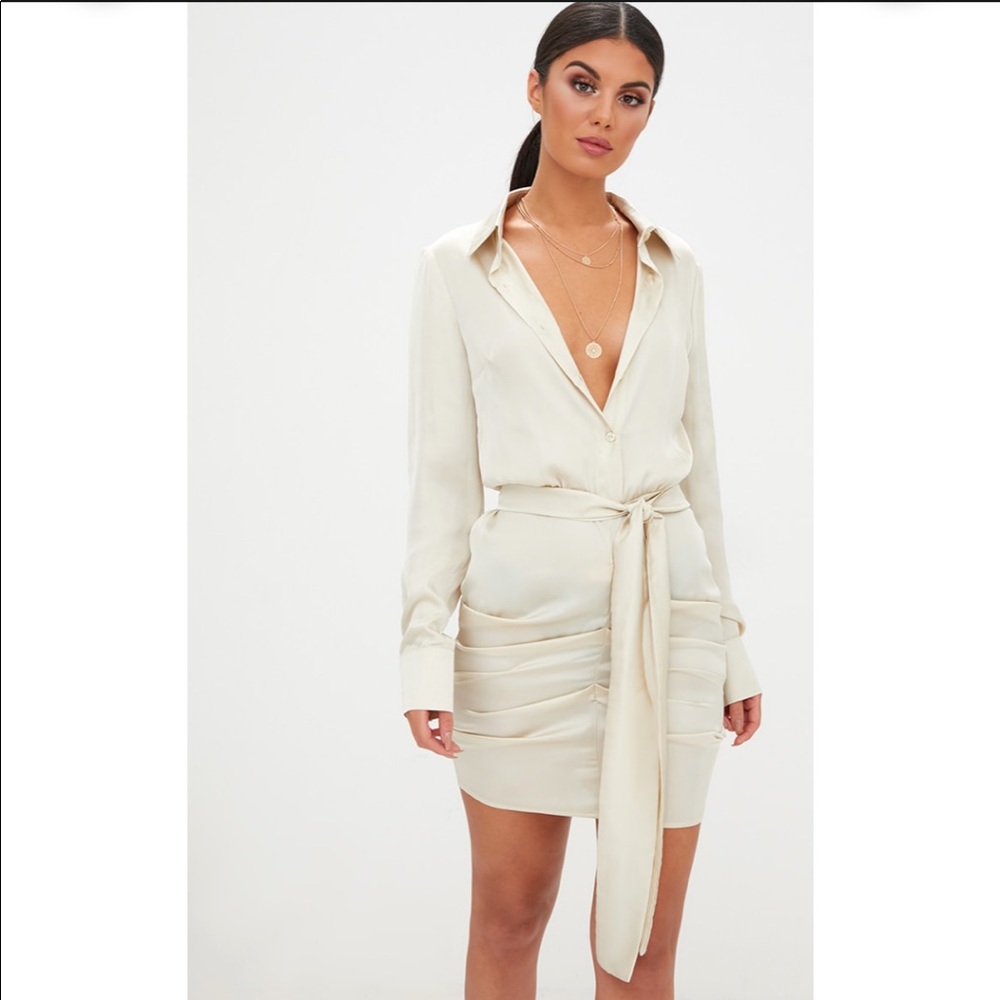 CHAMPAGNE SATIN RUCHED SHIRT DRESS